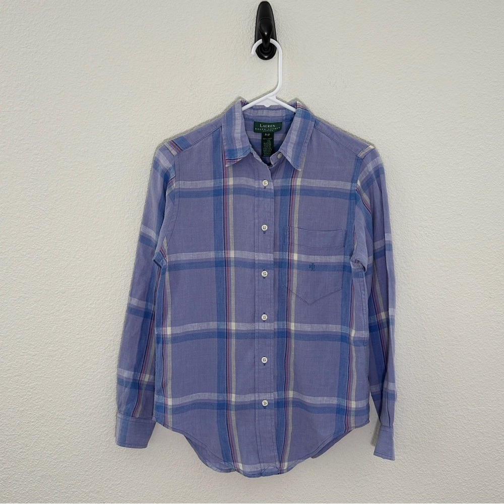 Lauren Ralph Lauren Button Down Shirt Womens Petite P Purple Plaid 100% Linen